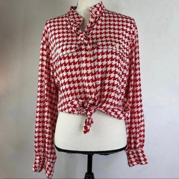 Liz Claiborne Vintage Houndstooth Red White Button Down Blouse Size 10 - Picture 2 of 5
